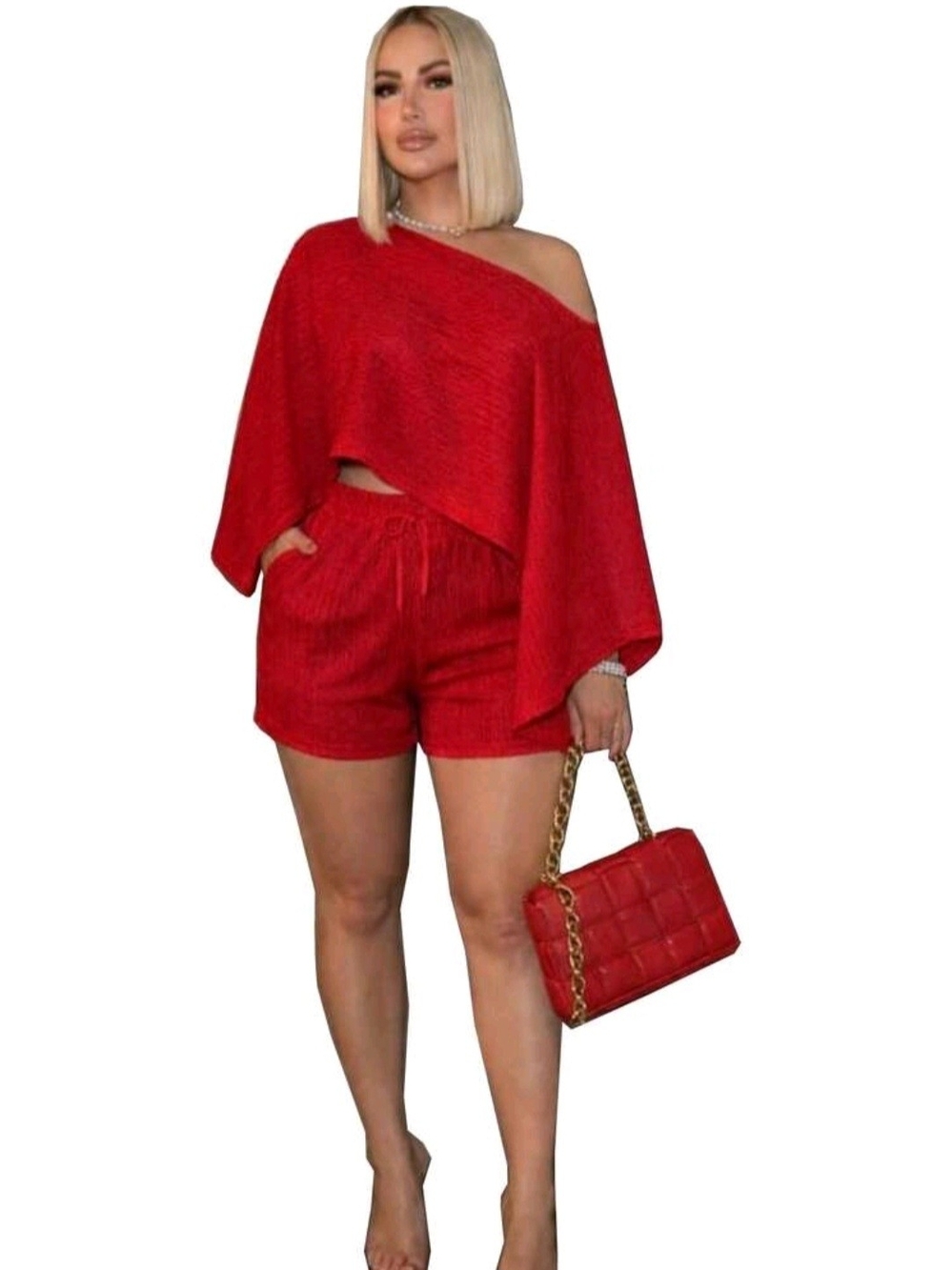 Red Off-Shoulder Crop Top & Shorts Set